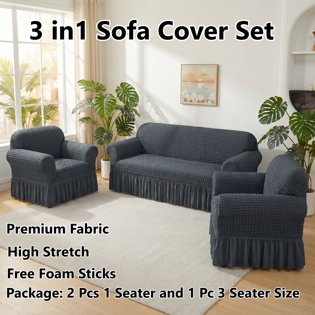 Sofa Cover Set of 3 Pcs Elastic Seersucker Sofa Seat Cover With Lace ...