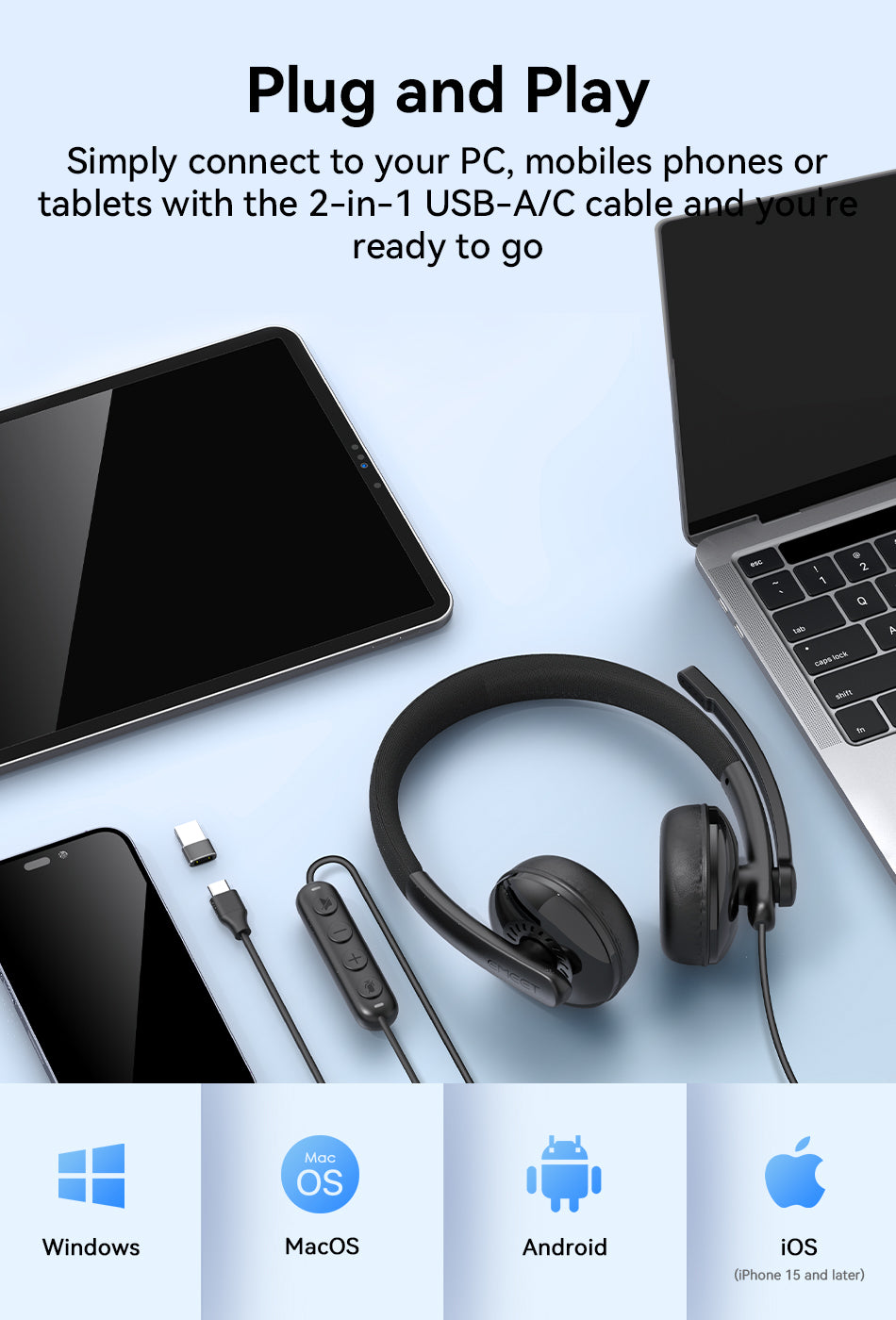 EMEET HS50 Wired On-Ear Headset with Mic USB-A/USB-C In-line Control ...