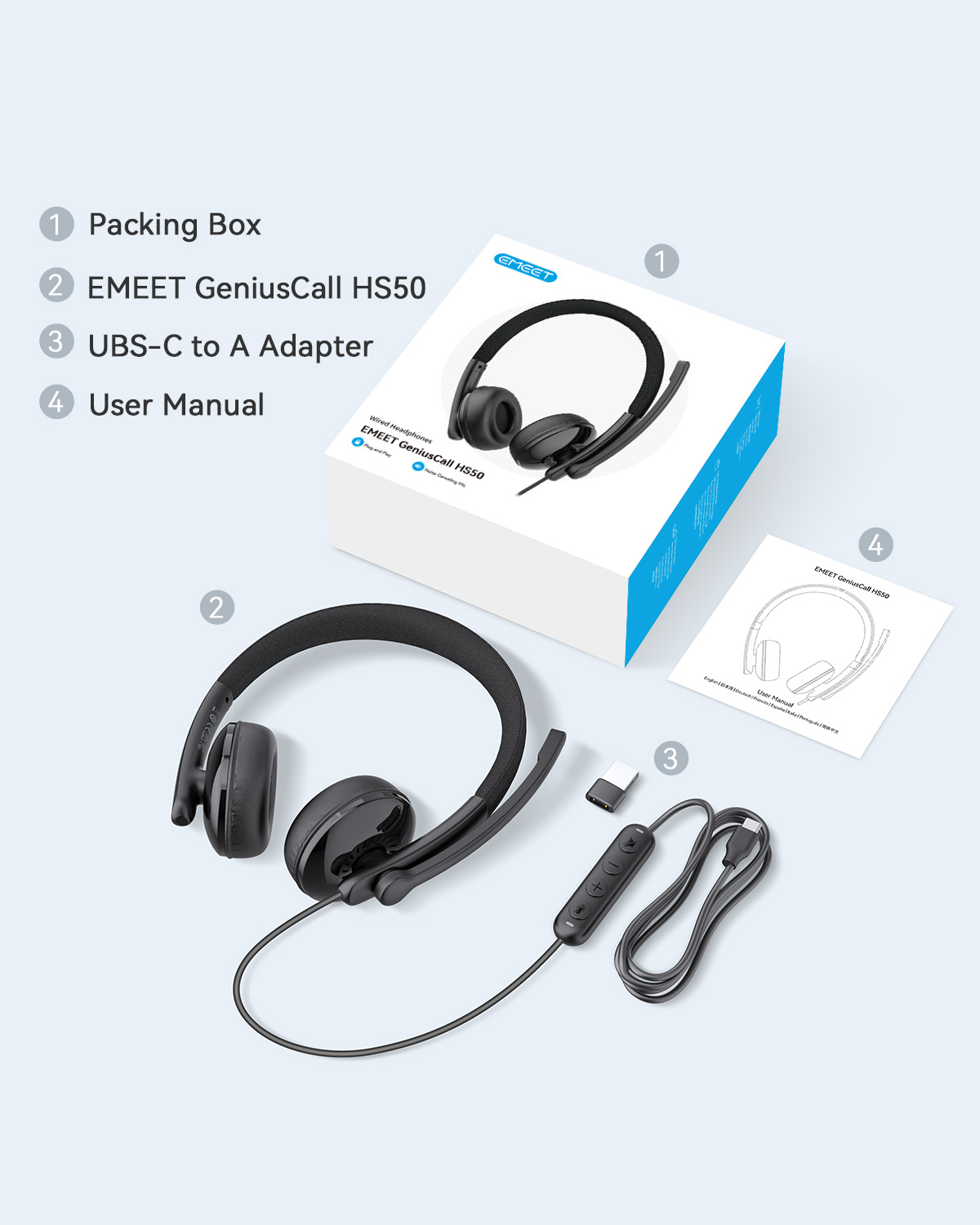 EMEET HS50 Wired On-Ear Headset with Mic USB-A/USB-C In-line Control ...