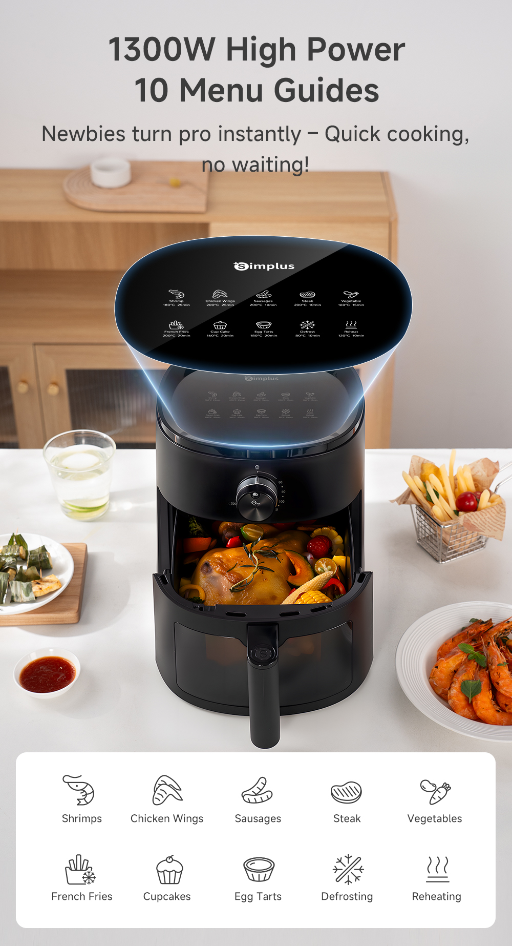 Simplus Air Fryer Multi-functional Oil Free Non Stick Black&White&Beige ...