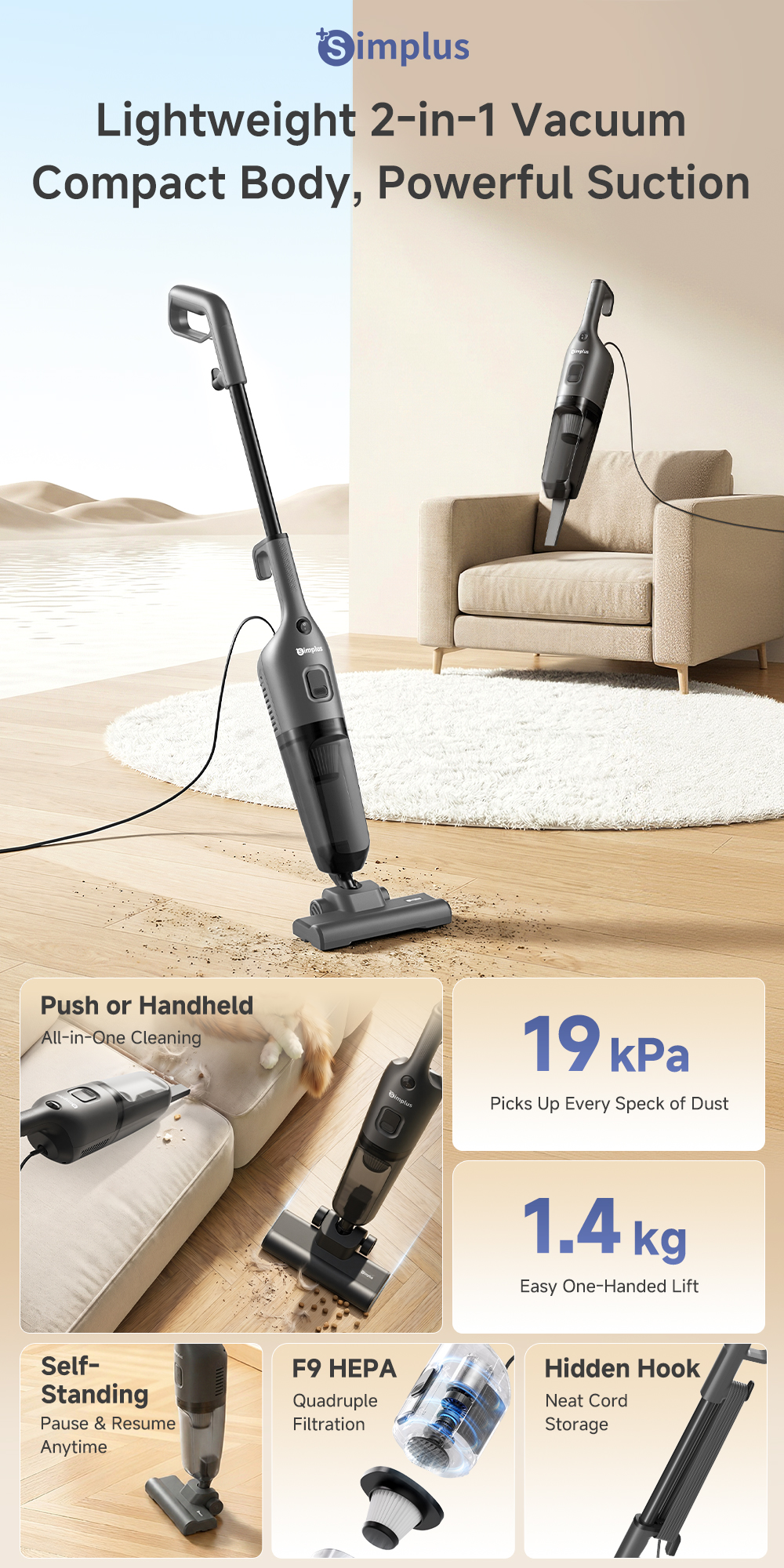 Simplus Vacuum Cleaner 19kPa Strong Suction 2IN1 Push & Handheld Self ...