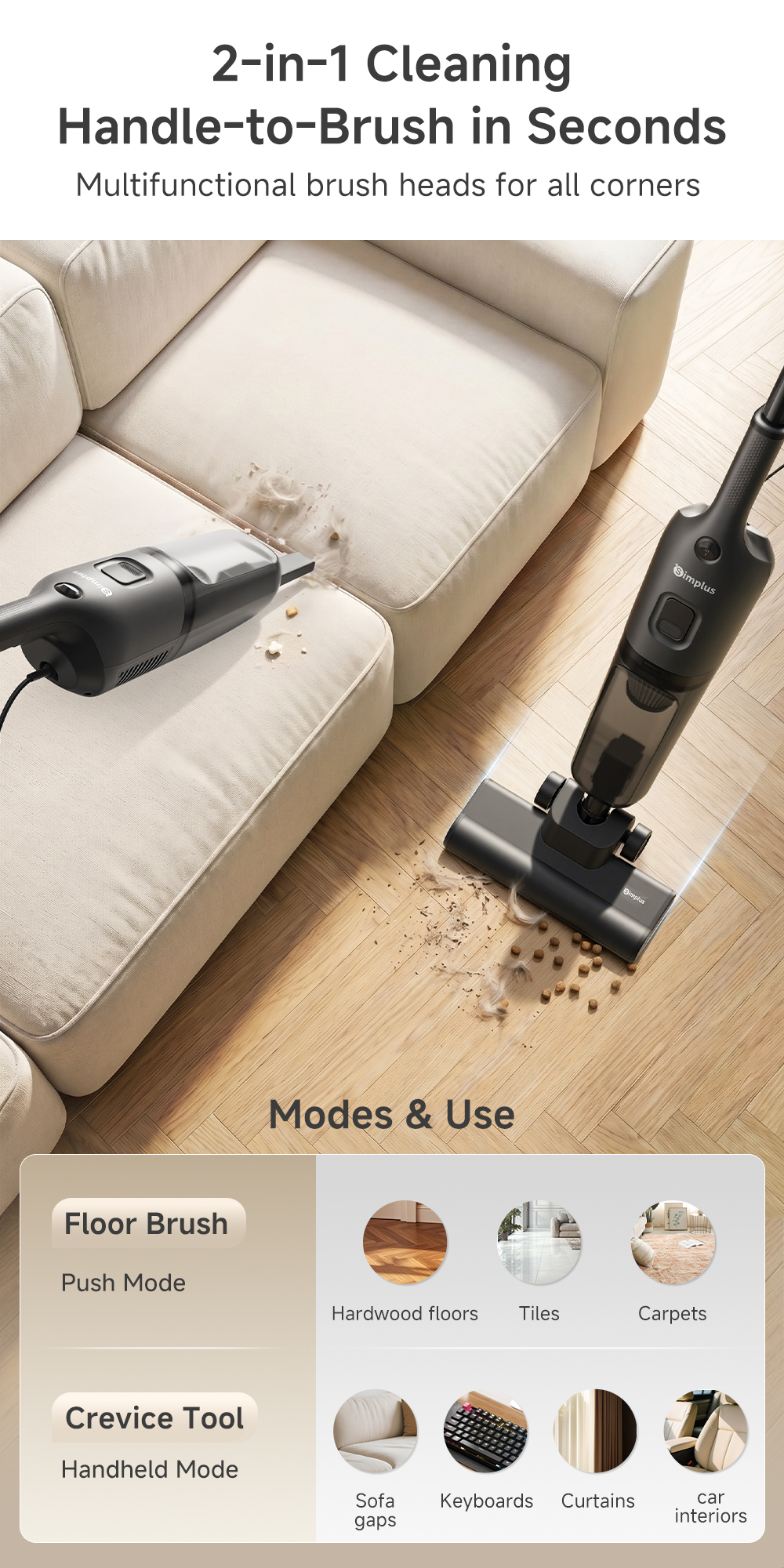 Simplus Vacuum Cleaner 19kPa Strong Suction 2IN1 Push & Handheld Self ...