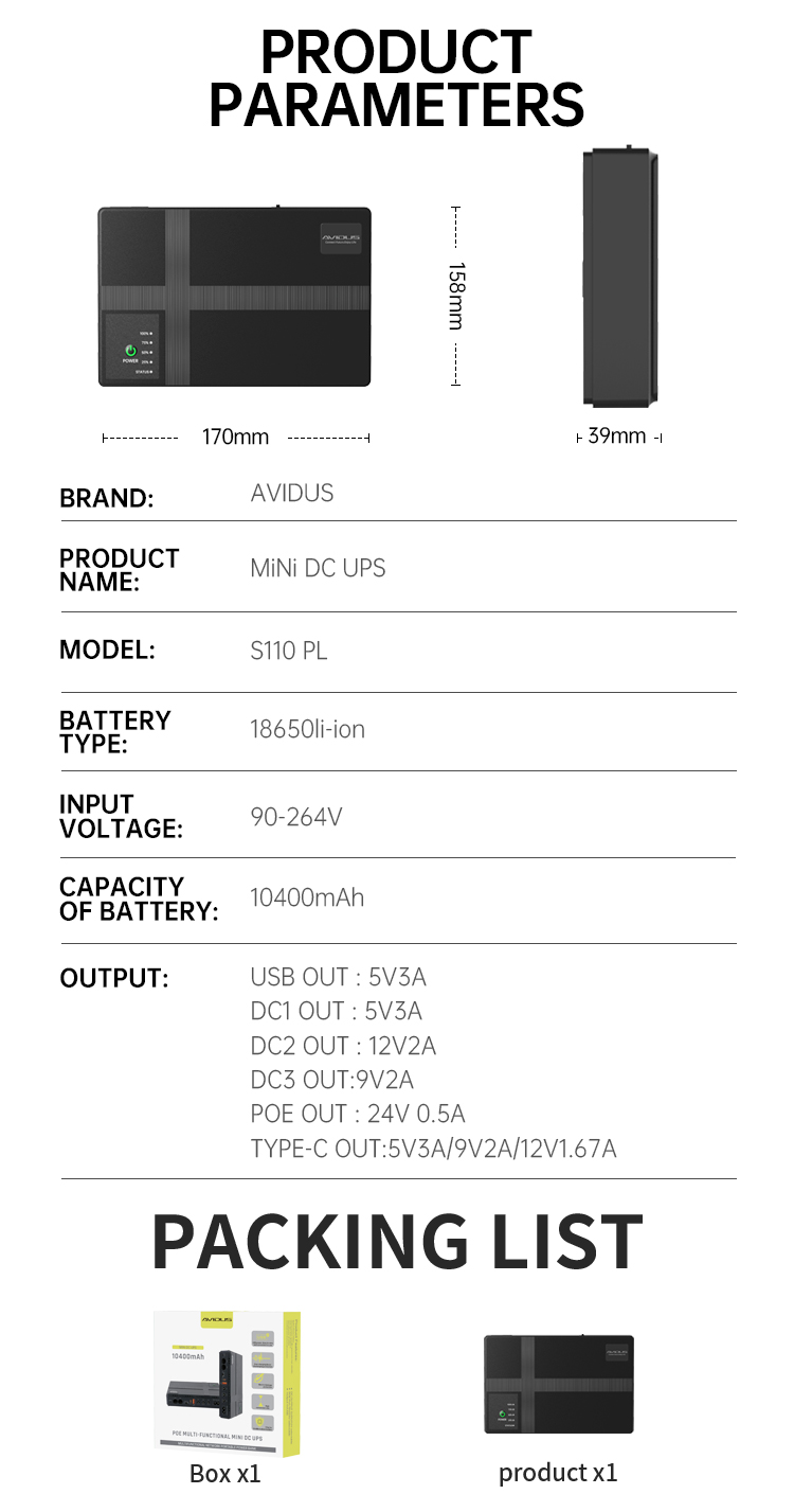 AVIDUS S110 PL 10400mAh Expose CCTV Mini UPS Power for CCTV Camera Wifi ...