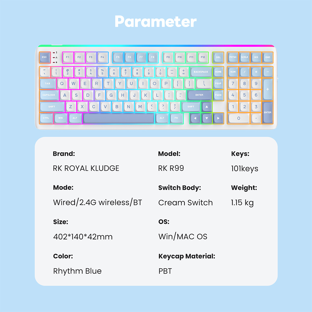 Royal Kludge RK R99 Rhythm Blue RGB Light Box SOCD Keyboard Dual 8K ...