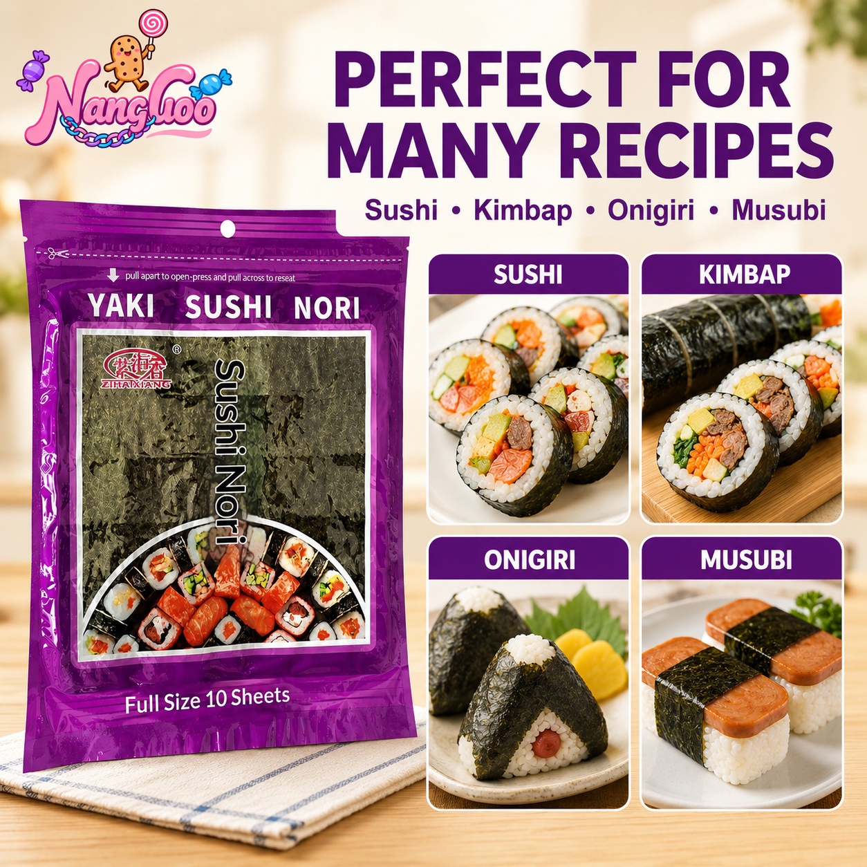 NANGUO Sushi Nori Seaweed Sheets 10pcs Roasted Full Size Wrapper for ...