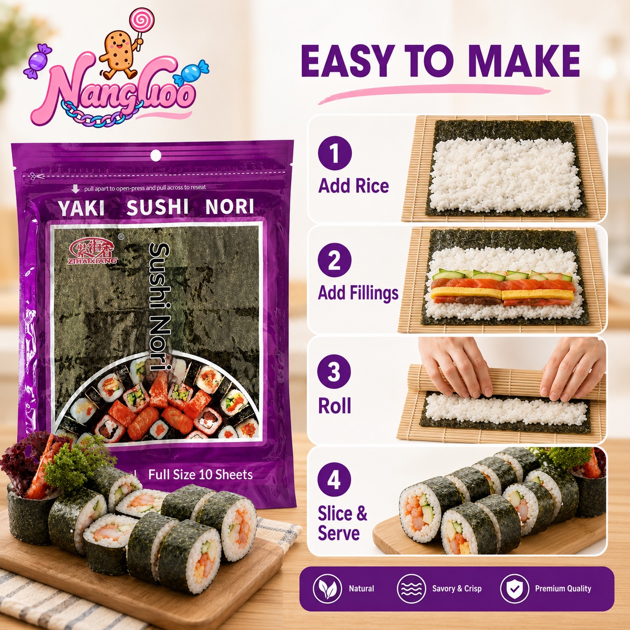 NANGUO Sushi Nori Seaweed Sheets 10pcs Roasted Full Size Wrapper for ...