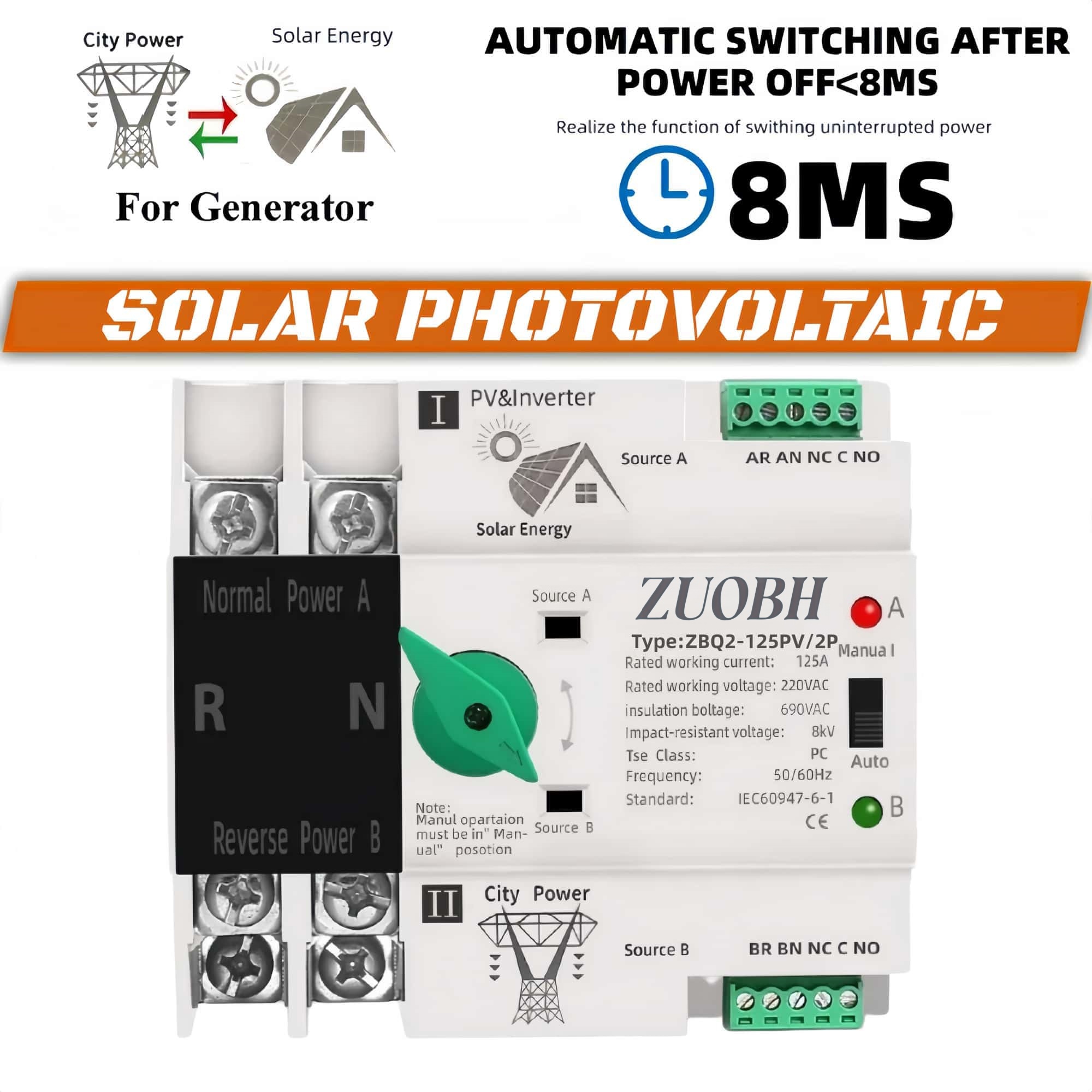 2P Din Rail ATS PV Inverter Dual Power Automatic Transfer Selector ...
