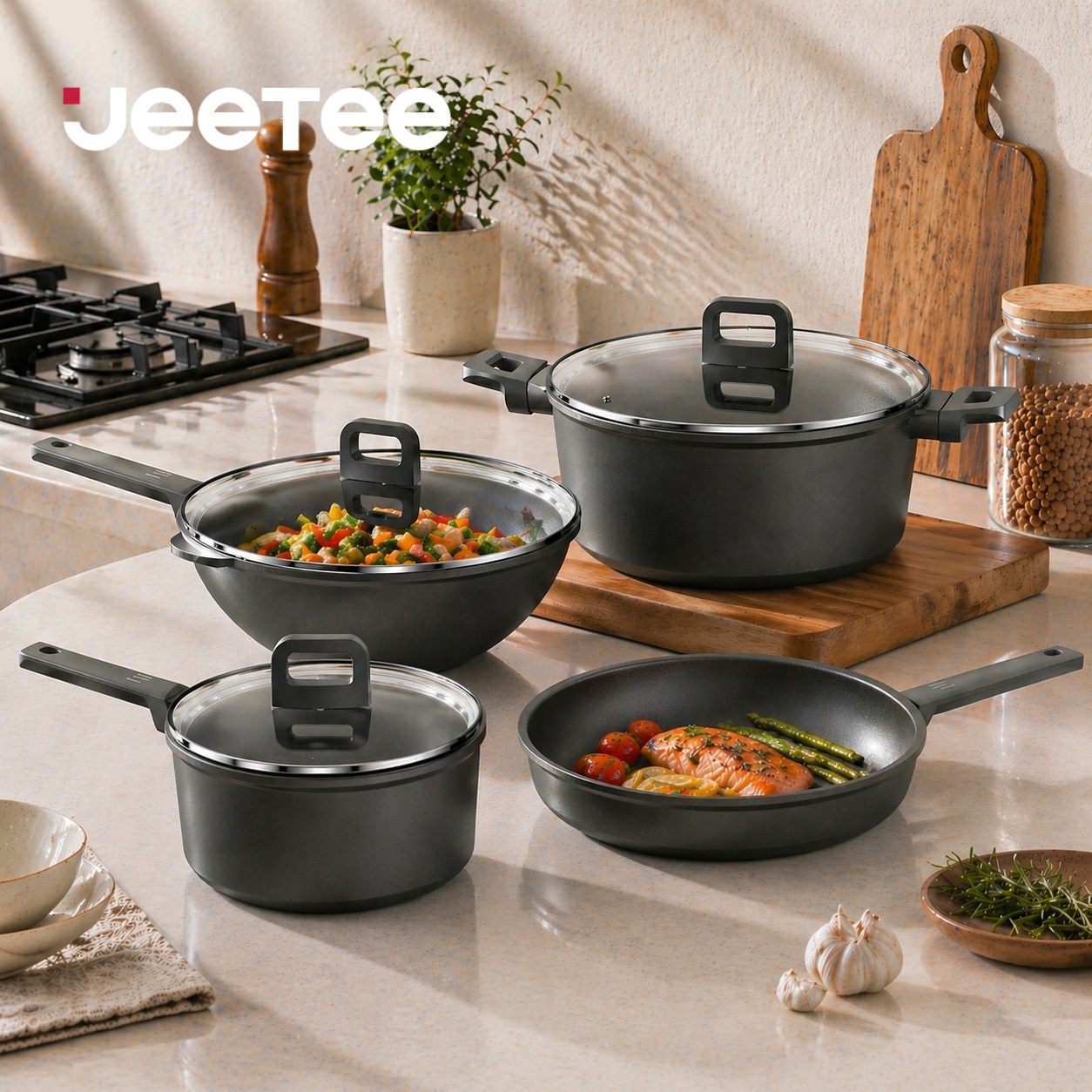 JEETEE Non-Stick Cookware 7-Pcs Set Ultra Light Series Cook Pan & Pot ...