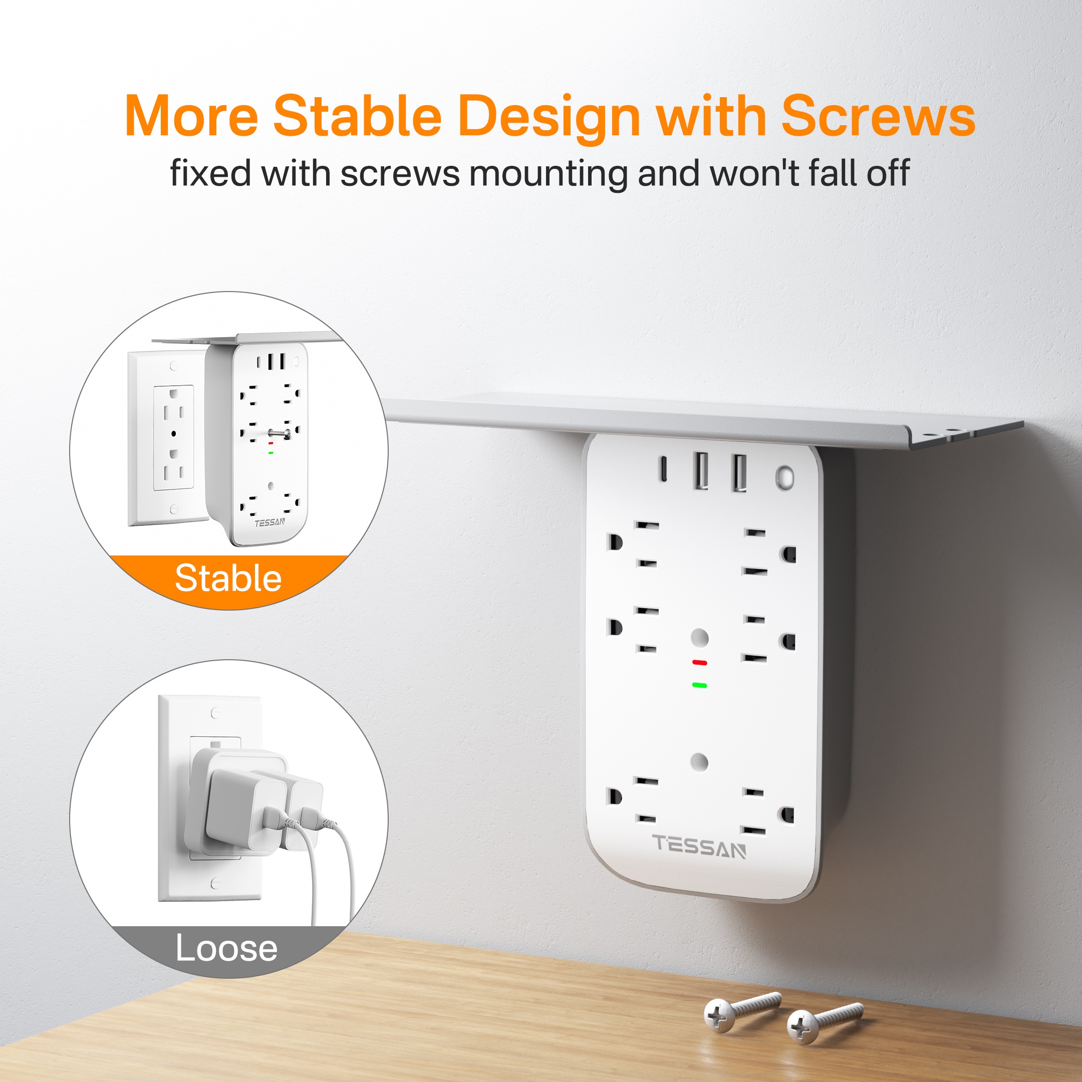 TESSAN Wall Socket Storage Tray Multi Plug Adapter with Night Light USB ...
