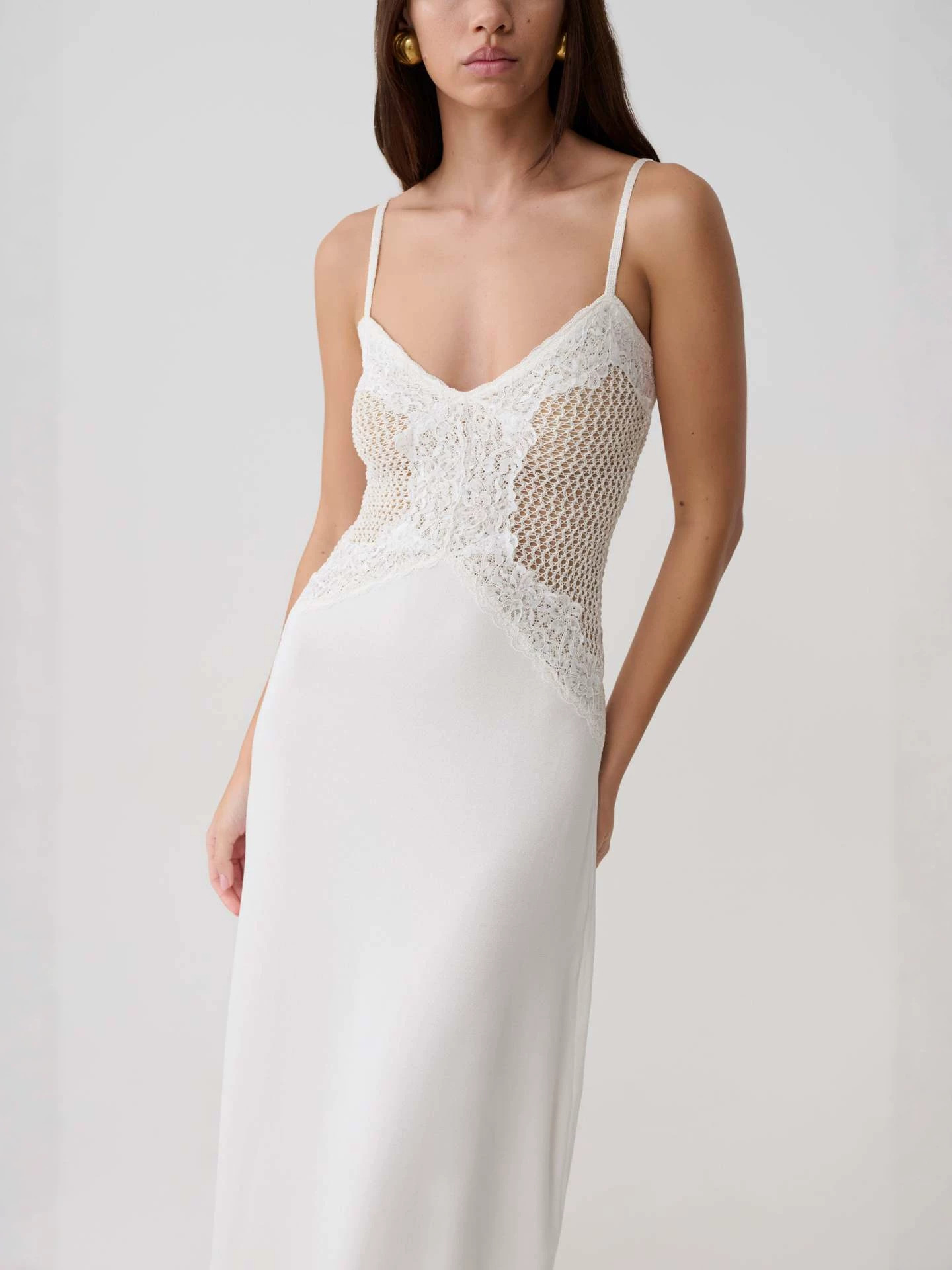 White Strap V Neck Lace Patch Satin Maxi Dress Floor Length Slip Gown ...