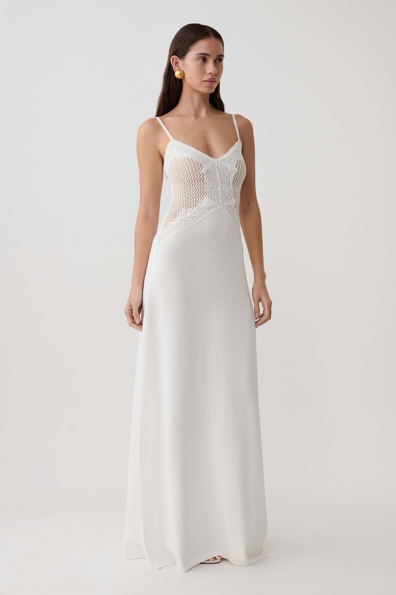 White Strap V Neck Lace Patch Satin Maxi Dress Floor Length Slip Gown ...