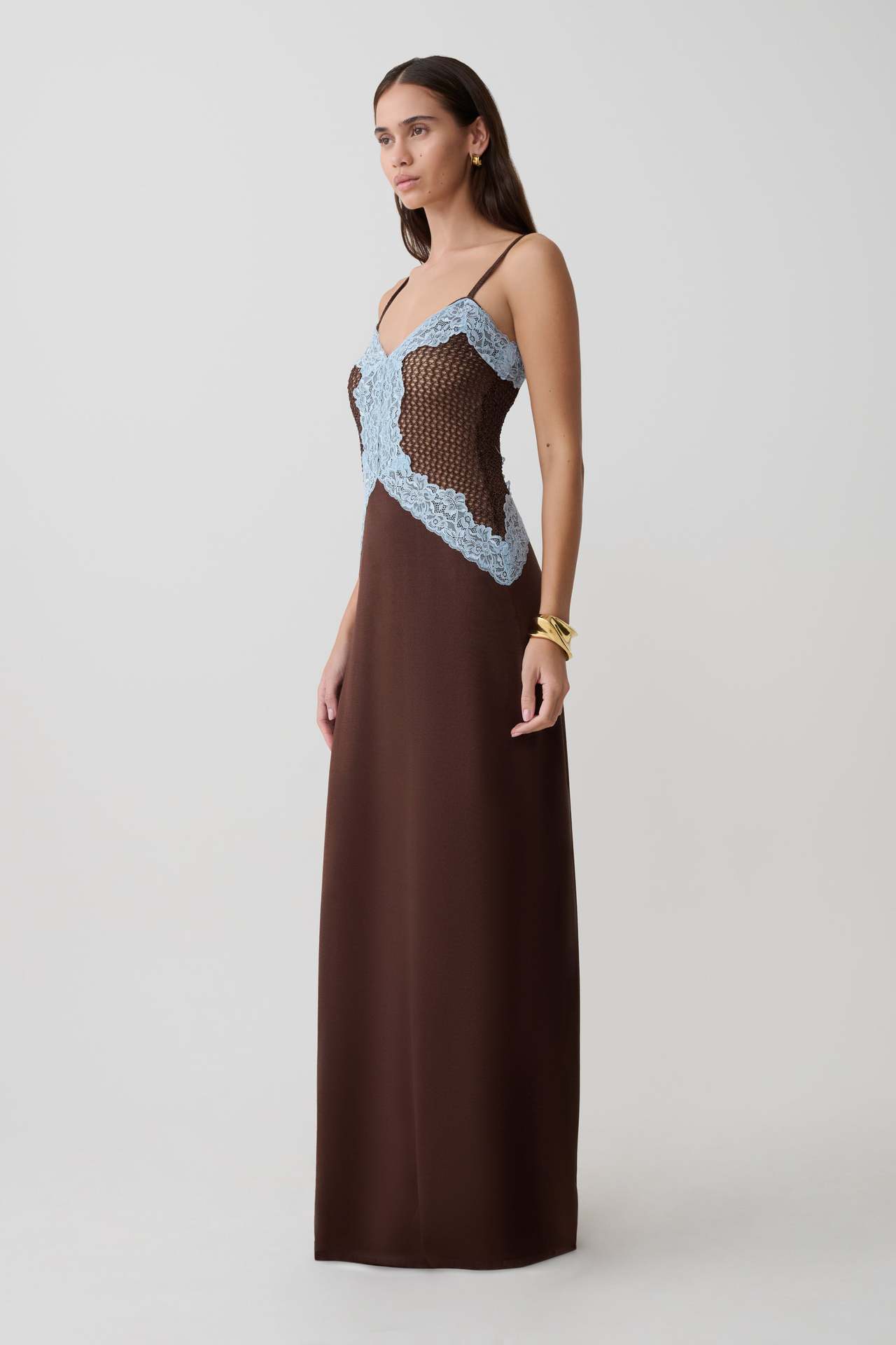 White Strap V Neck Lace Patch Satin Maxi Dress Floor Length Slip Gown ...