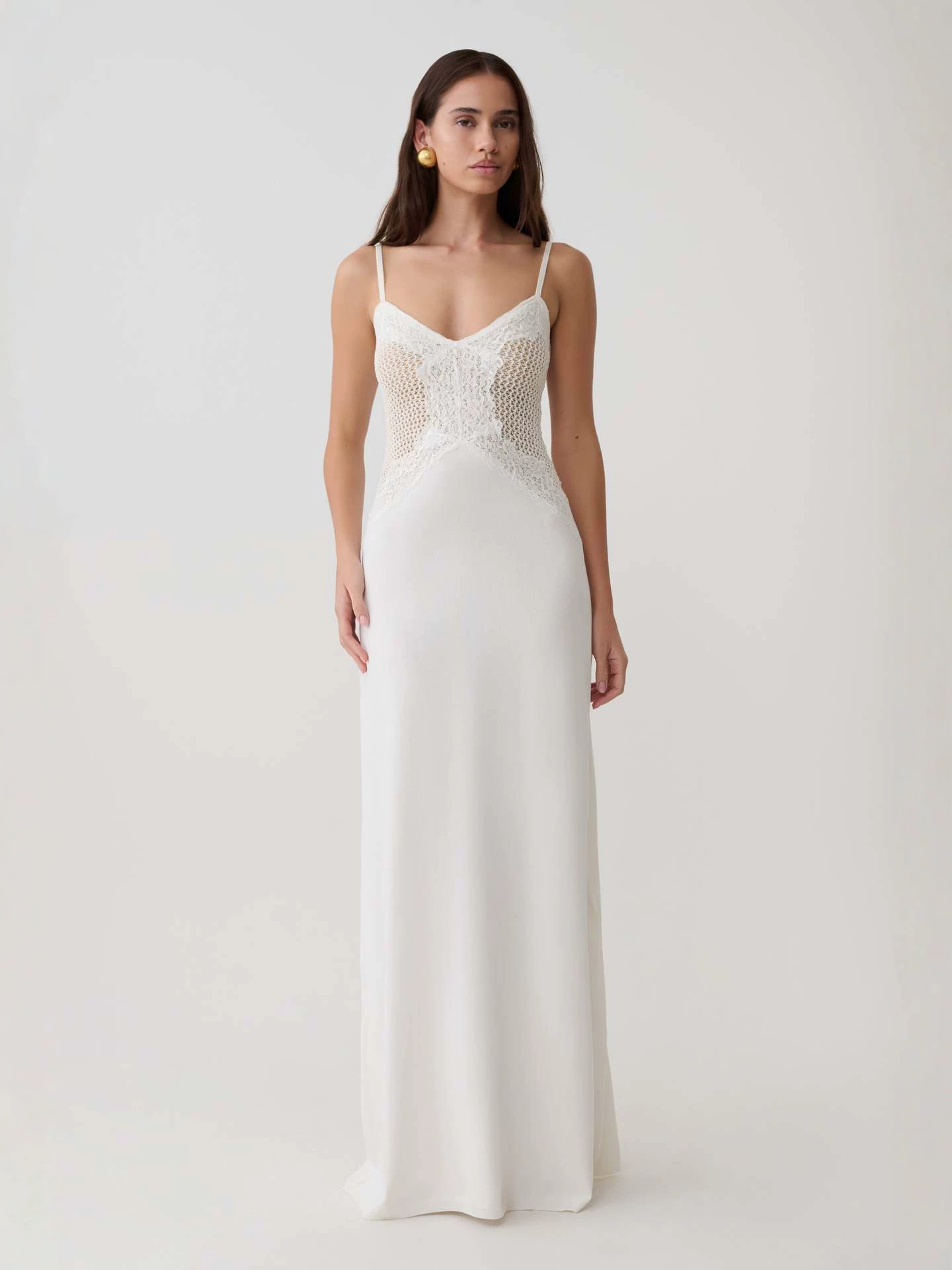 White Strap V Neck Lace Patch Satin Maxi Dress Floor Length Slip Gown ...