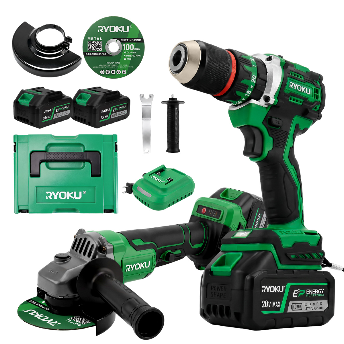 RYOKU Cordless 13MM Brushless Drill & 4 inch Angle Grinder Set Power ...
