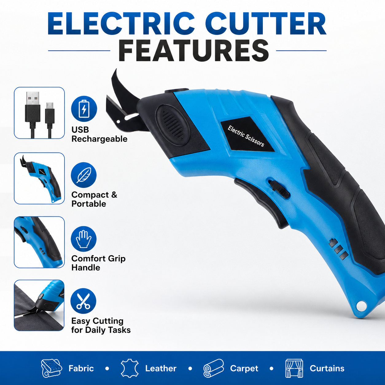 USB Rechargeable Electric Scissors Cutter, Cordless Tailoring Cutting ...