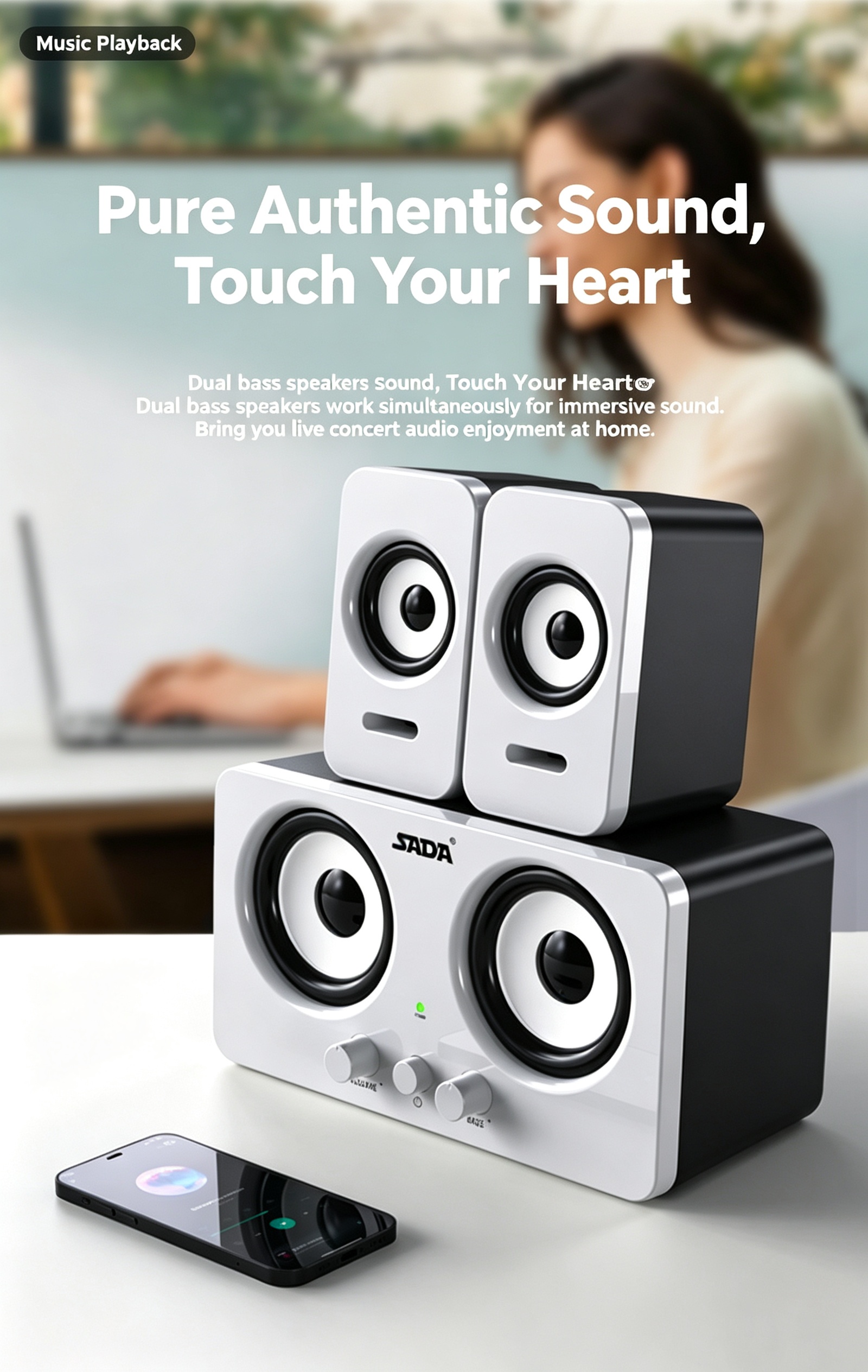 SADA Desktop Bluetooth Speaker Computer Boombox Dual Drivers Heavy Bass ...