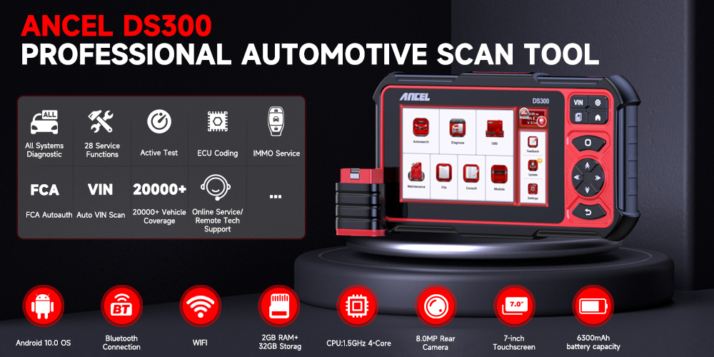 ANCEL DS300 12V OBD2 Scanner Lifetime Free Update ECU Coding 28+ Reset ...