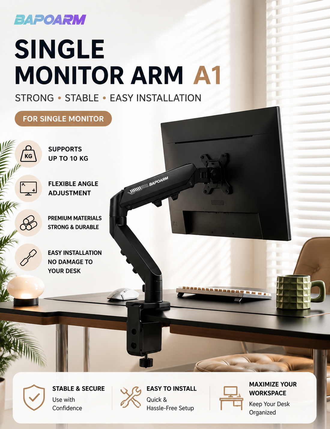 Bapoarm A1 Monitor Arm Monitor Stand 10kg Capacity Fits 17-32 Inch Anti ...