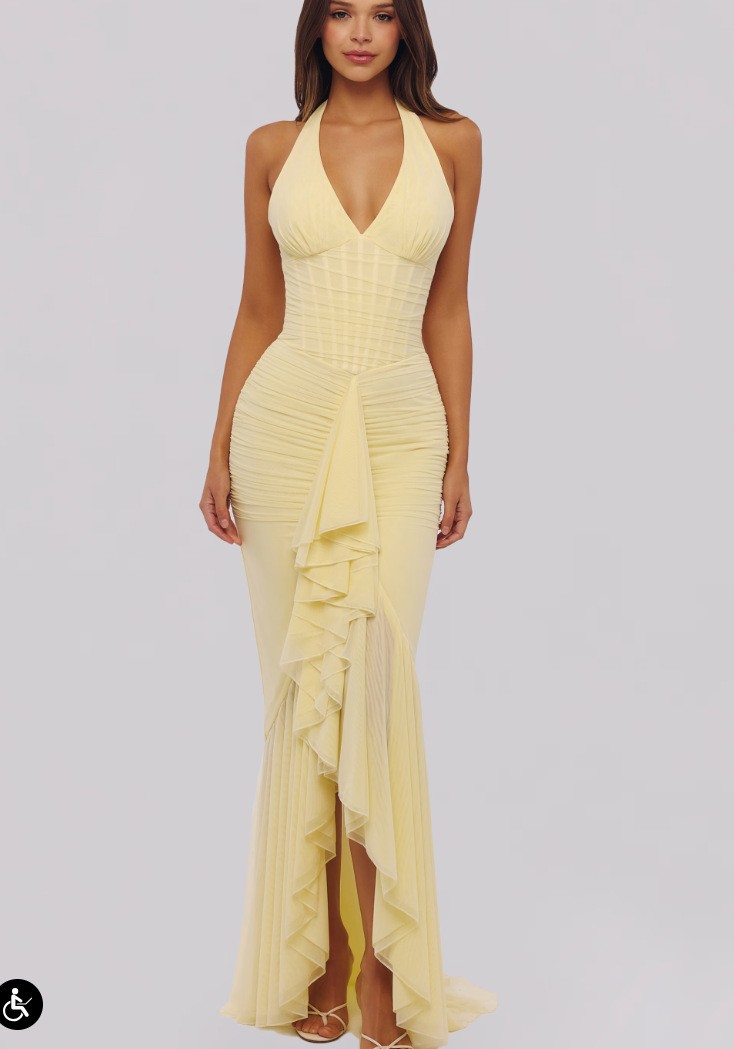 Women Halter Deep V‑Neck Mermaid Maxi Gown Mesh Spliced Ruched Bodycon ...