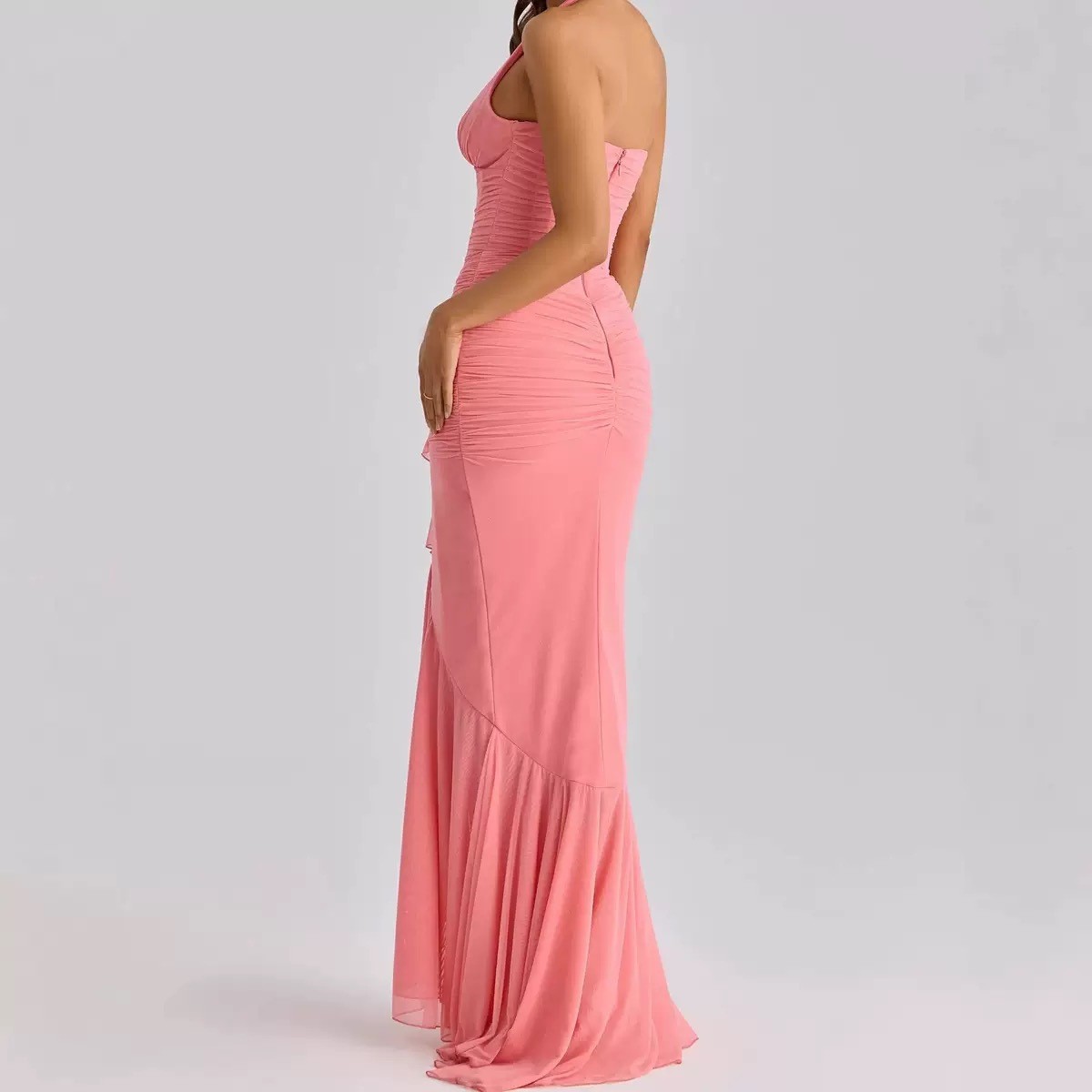 Women Halter Deep V‑Neck Mermaid Maxi Gown Mesh Spliced Ruched Bodycon ...