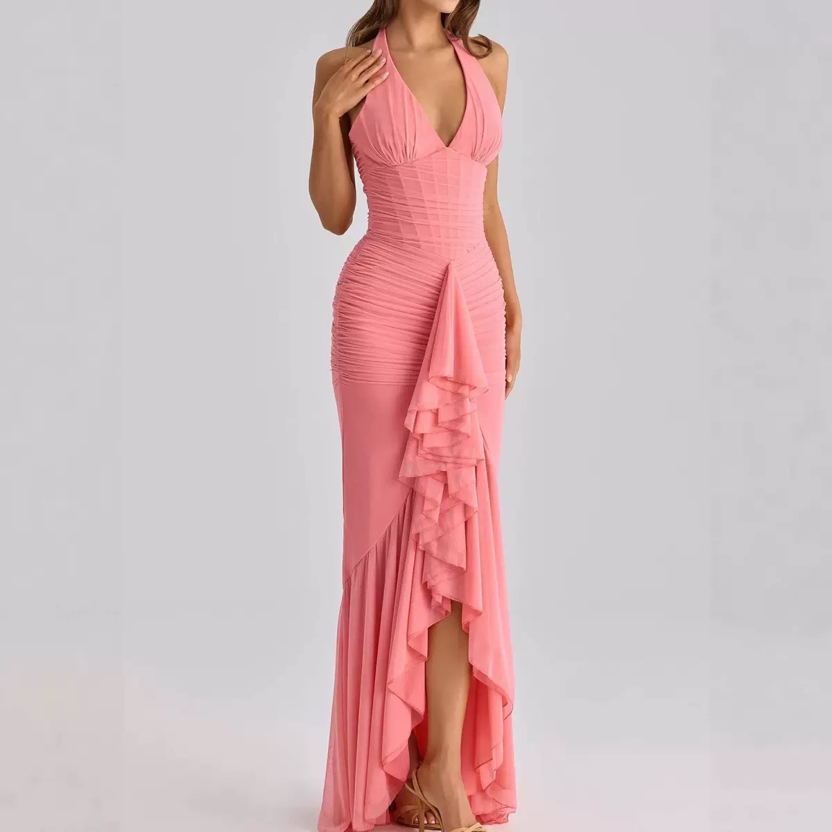 Women Halter Deep V‑Neck Mermaid Maxi Gown Mesh Spliced Ruched Bodycon ...