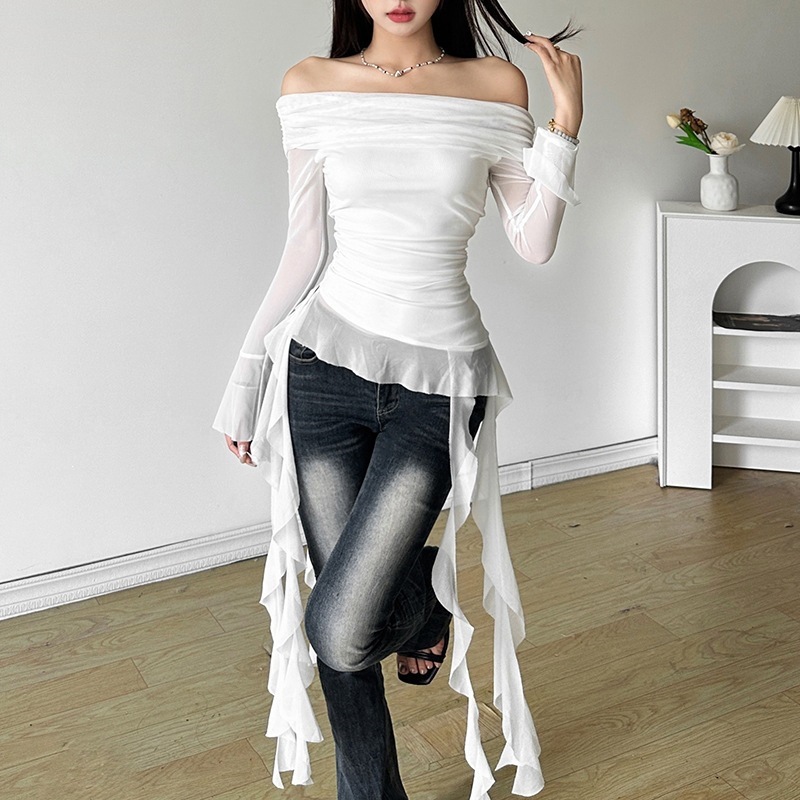 OurSeez Korean Off Shoulder Long Sleeve Top Women Ruched Mesh Slim Fit ...