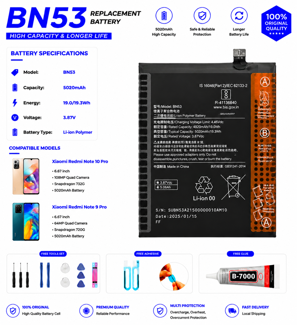 Original Xiaomi BN53 5020mAh Replacement Battery for xiaomi Redmi Note ...