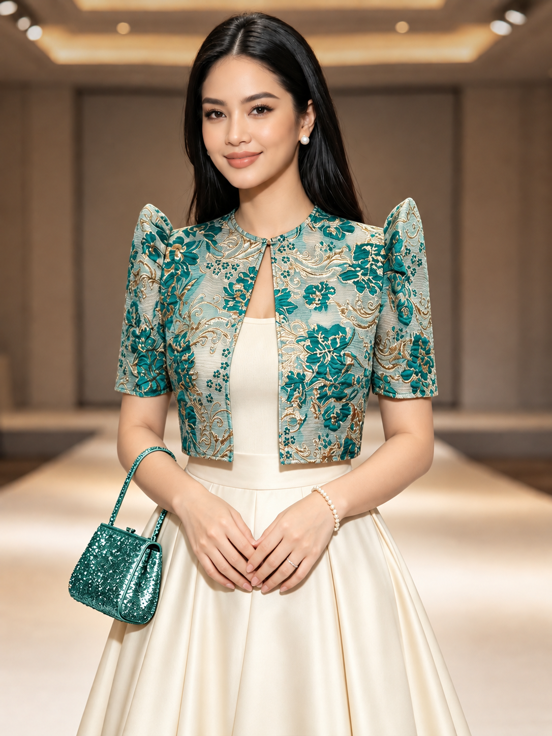 Amyenjoylife Modern Filipiniana Bolero Top | Teal Gold Floral Brocade ...