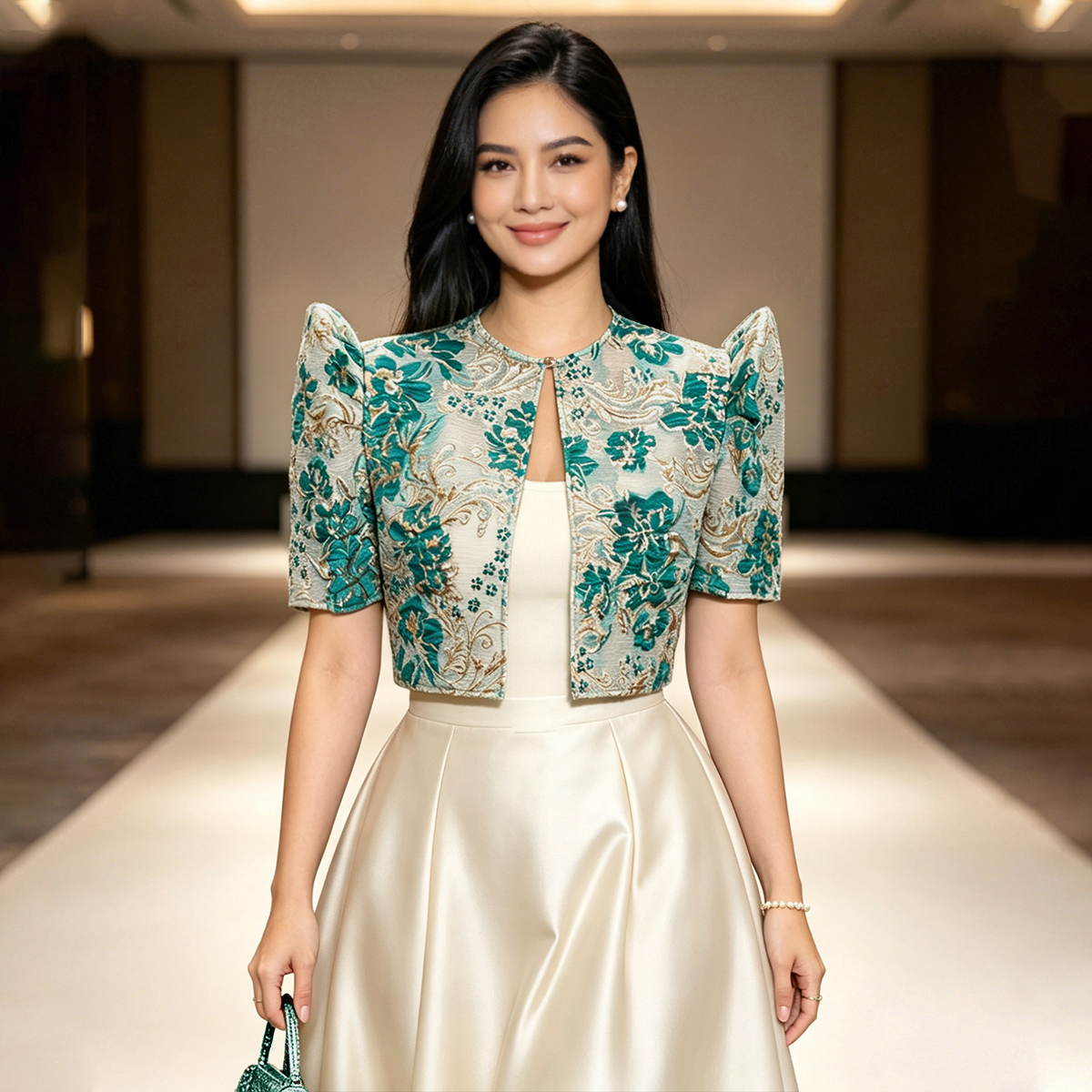 Amyenjoylife Modern Filipiniana Bolero Top | Teal Gold Floral Brocade ...