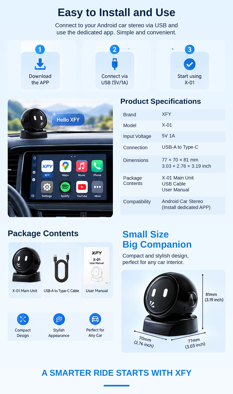 Xfy X-01 AI Android Car Robot Voice Control Navigation Av Receiver Head ...