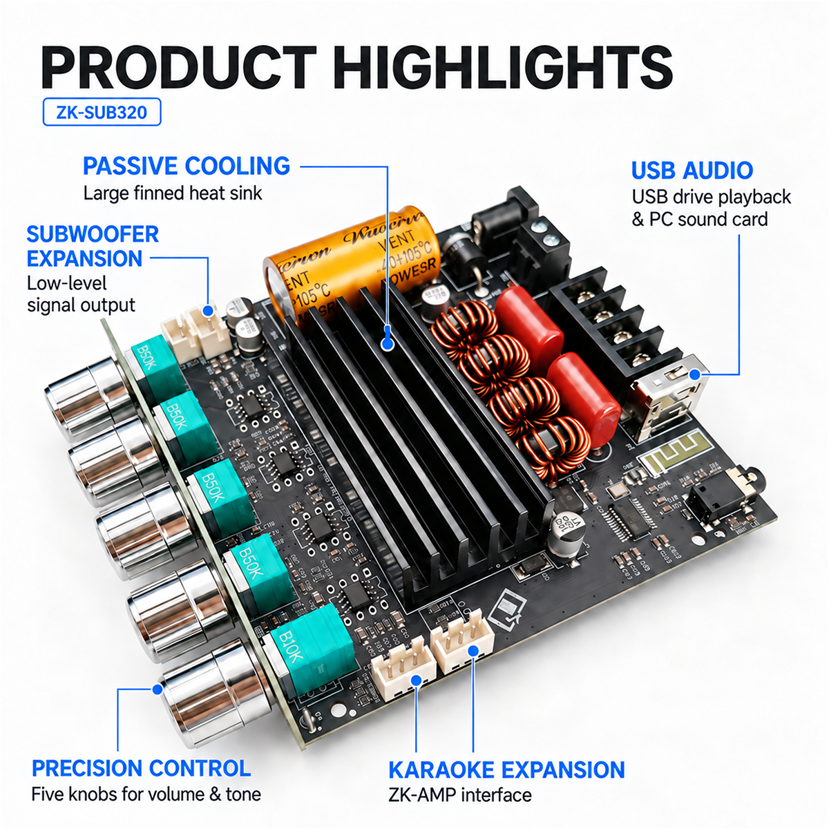 OneAudio Wuzervon ZK-SUB320 Bluetooth 5.1 2x160W Power Amplifier Board ...