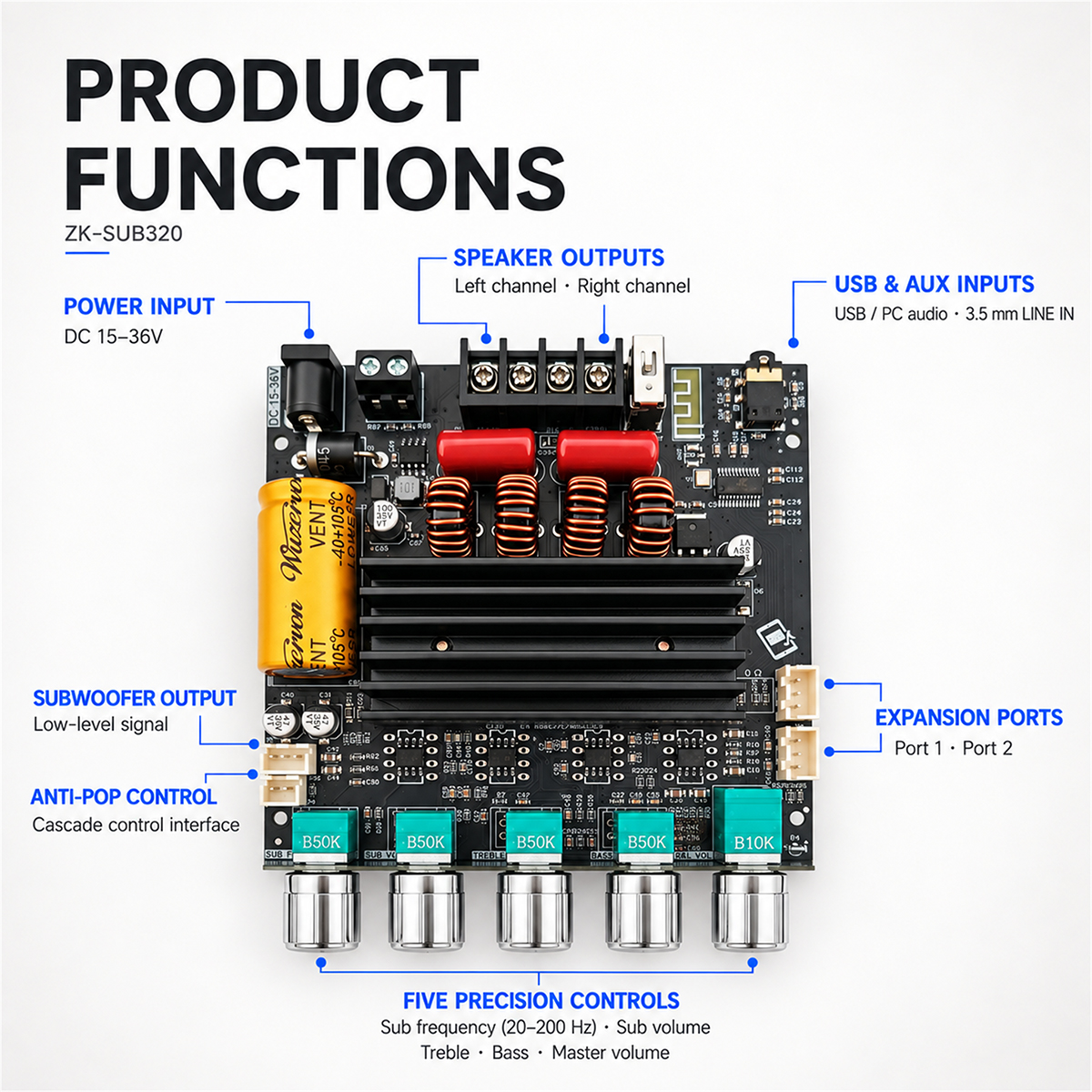 OneAudio Wuzervon ZK-SUB320 Bluetooth 5.1 2x160W Power Amplifier Board ...