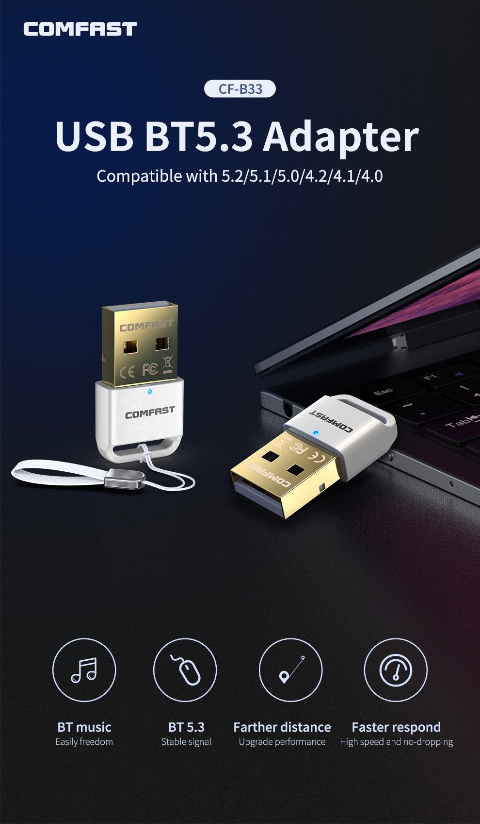 COMFAST B33 Bluetooth 5.3 Adapter 2.4GHz Wireless USB Bluetooth Dongle ...