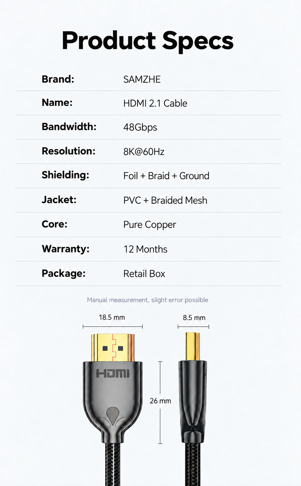 SAMZHE 8K HDMI 2.1 Cable 48Gbps 4K 120Hz 5mm Slim HDMI to HDMI Cable ...