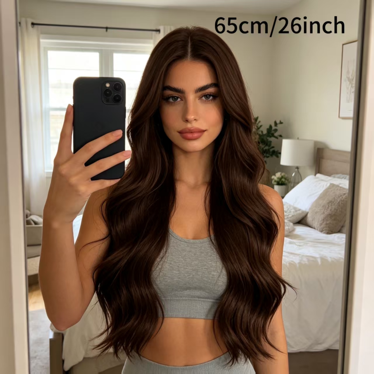 Dark Brown 65cm Long Loose Wavy Synthetic Wig, Middle Part Heat ...