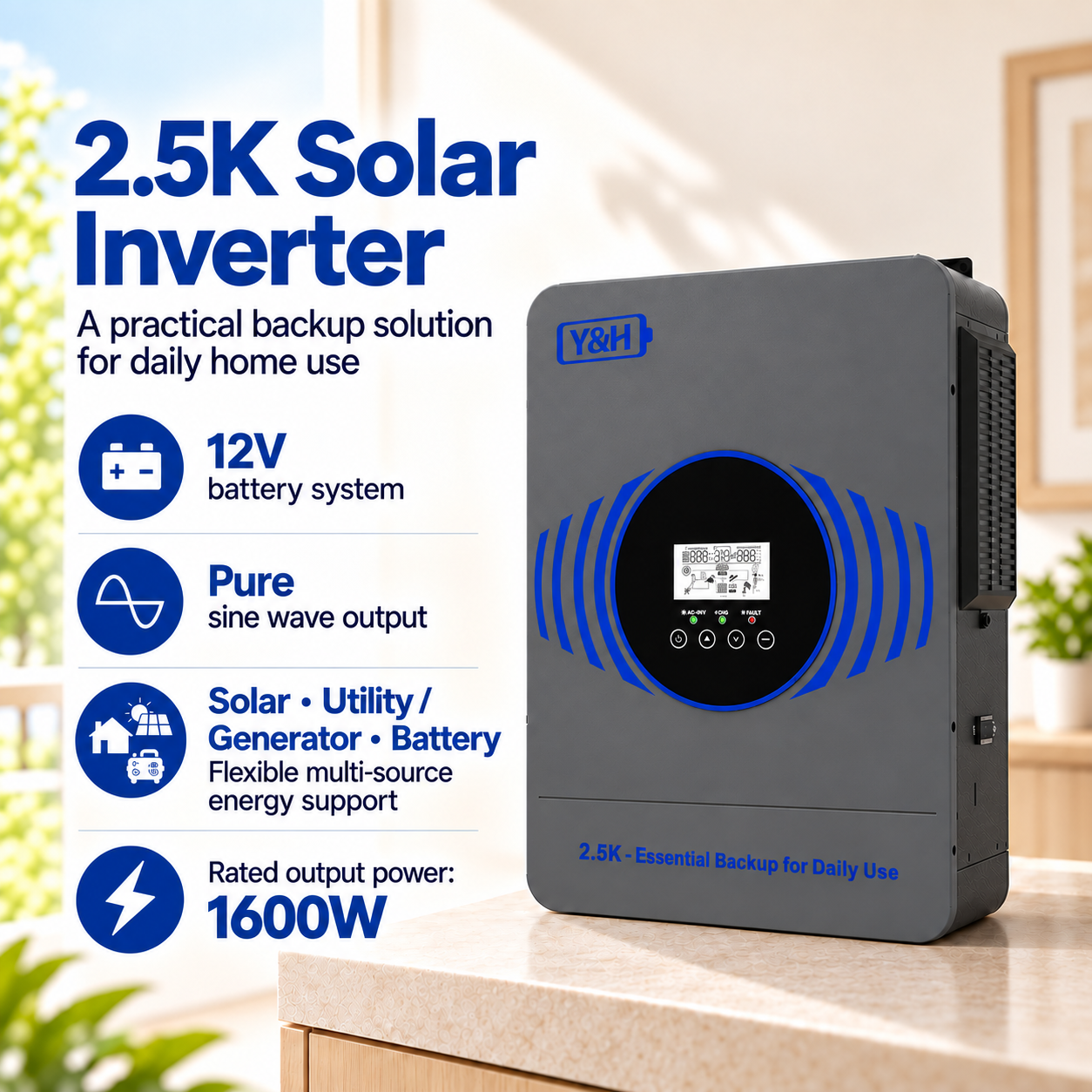 Y&H 2500W Hybrid Solar Inverter 12V DC to 230V AC Pure Sine Wave, 100A ...