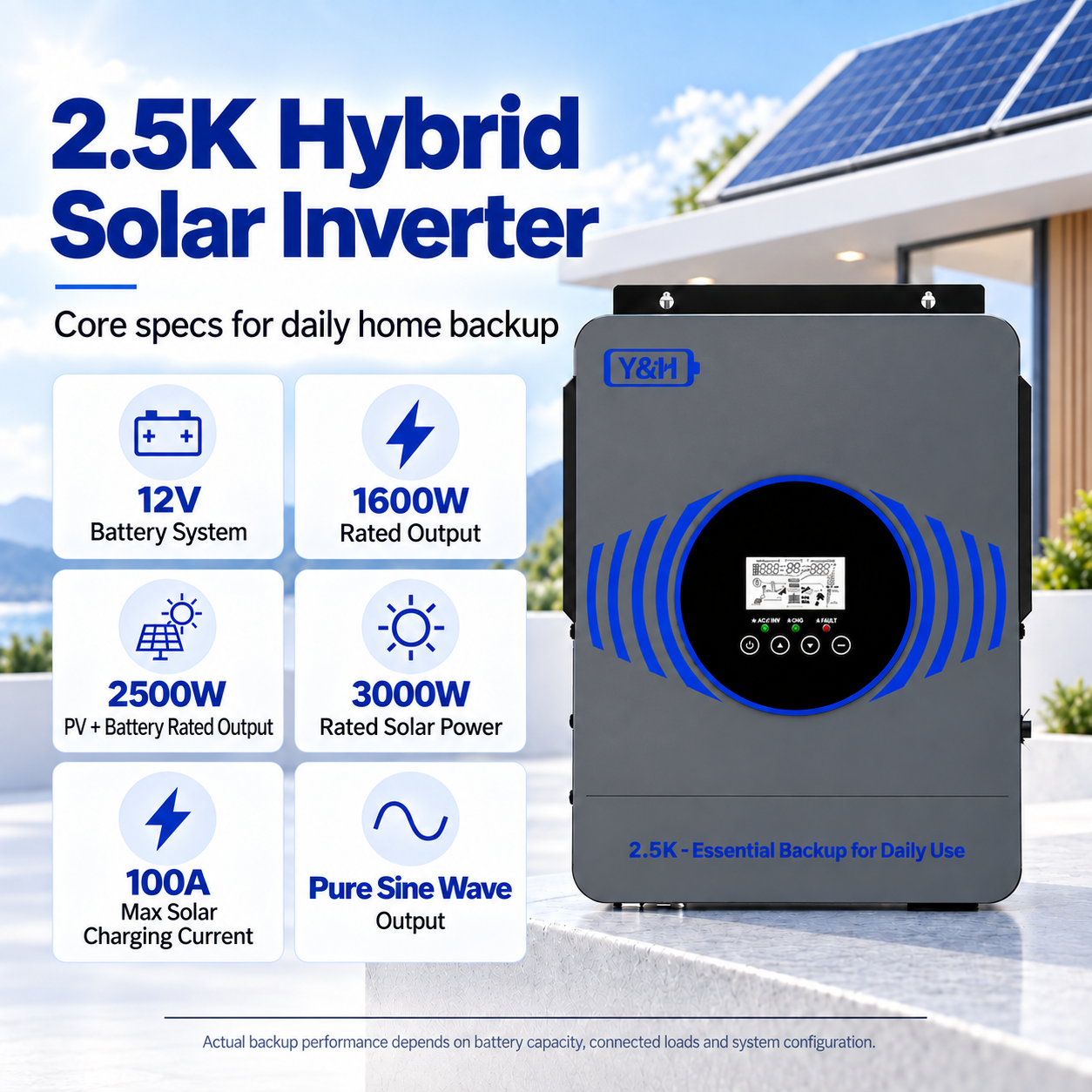 Y&H 2500W Hybrid Solar Inverter 12V DC to 230V AC Pure Sine Wave, 100A ...