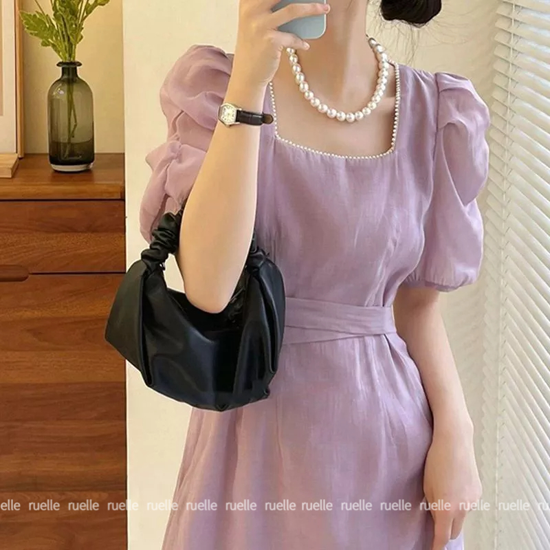 Summer New Waist Pulling Dress Purple Bubble Sleeve Fashion Dress ...