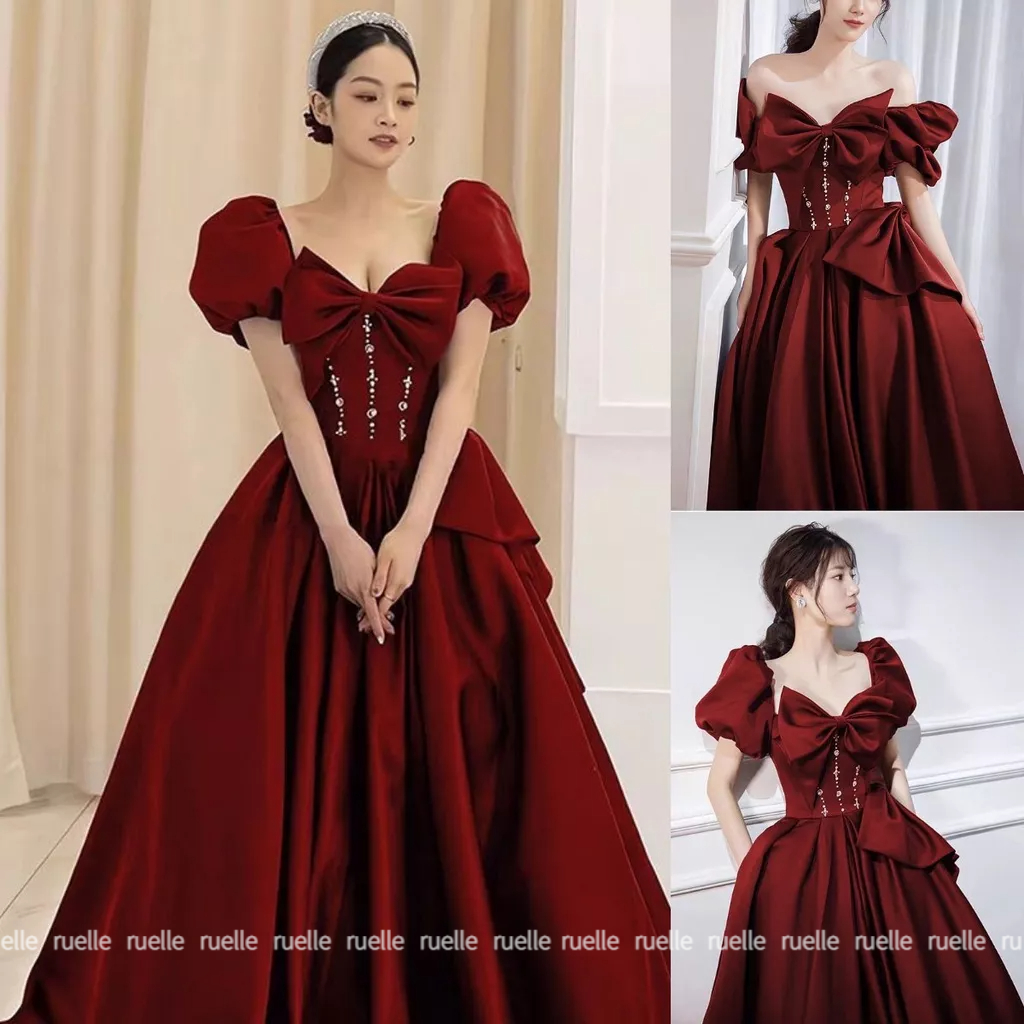 Wine Red Evening Dress Bride French Party Dress Wedding Engagement Long ...