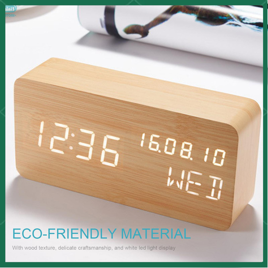 Desk Wooden Alarm Clock with Voice Control Date Temperature Adjustable