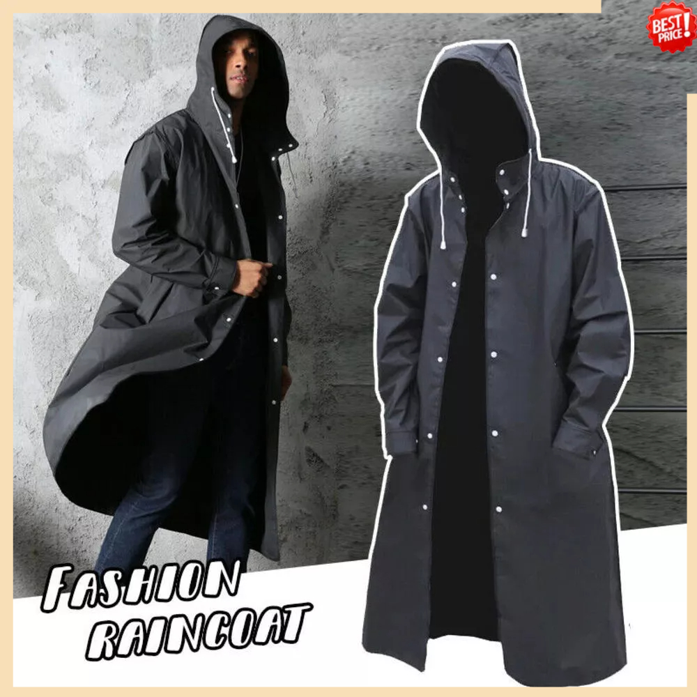 Long Black Raincoat Men Women Trench Coat Hooded Jacket Rain Waterproof ...