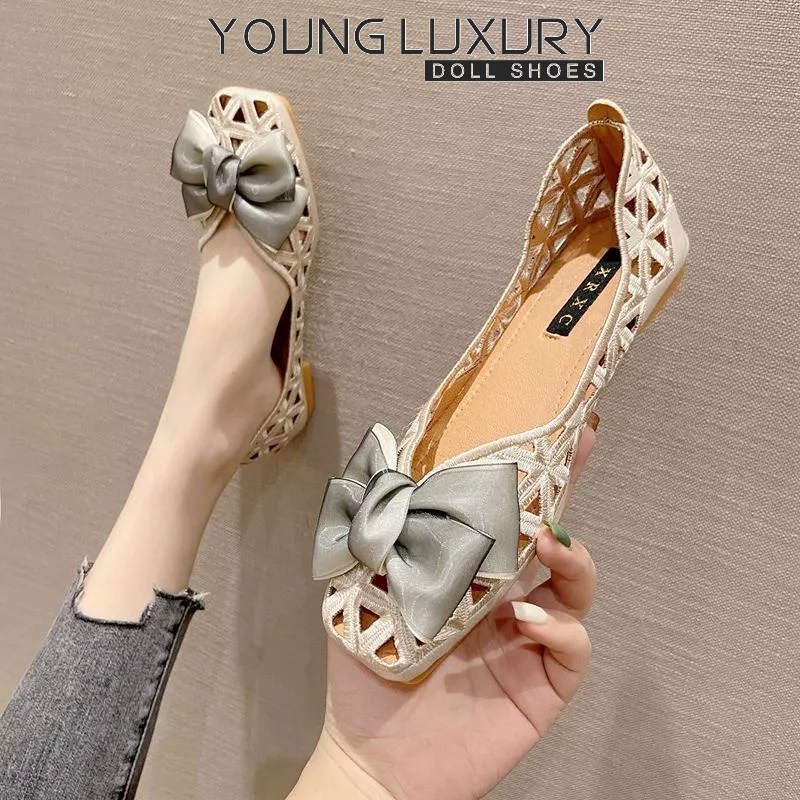 Young Flats Doll Shoes for Women 2023 Summer Breathable Doll Shoes with Bow Knots Square Toe