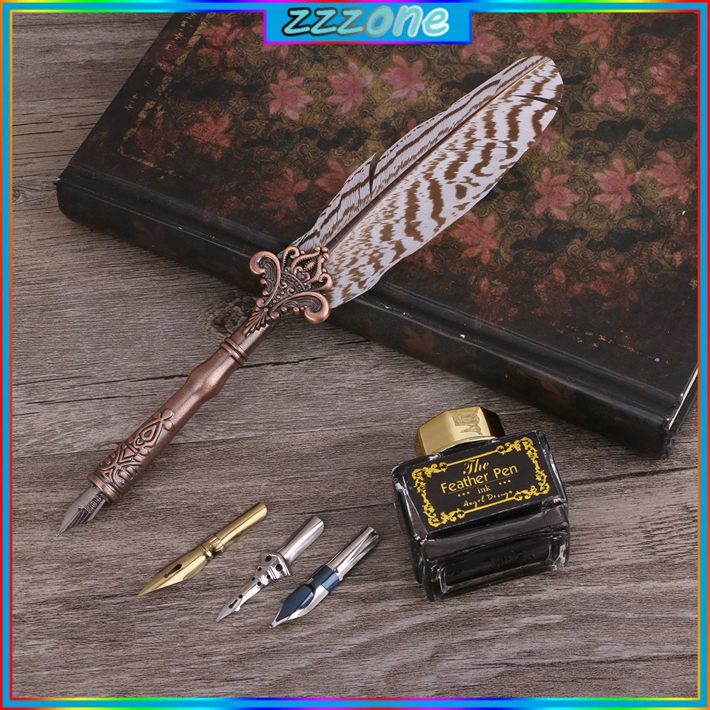 Antique Quill Feather Dip Pen Writing Ink Set Stationery Gift Box ...