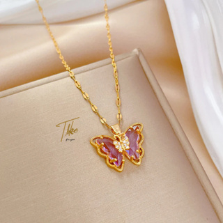 Kpop Harajuku Pink Purple Heart Butterfly Neck Bead Chain Necklace For