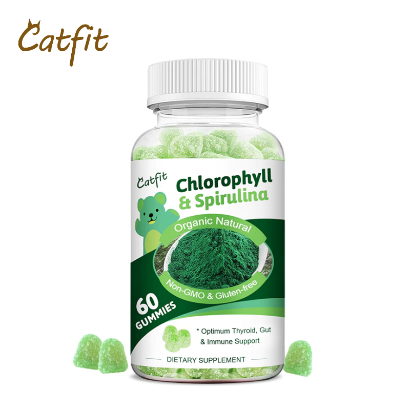 Catfit Spirulina and Chlorophyll gummies with vitamin c d3 e b6 b12 a biotin zine inositol