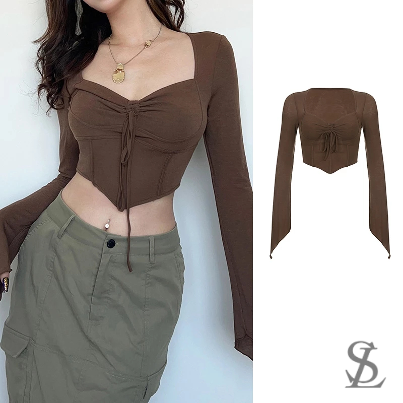Sexy Low V-neck Long Sleeve T-shirt Fishbone Corset Irregular Slim Fit ...
