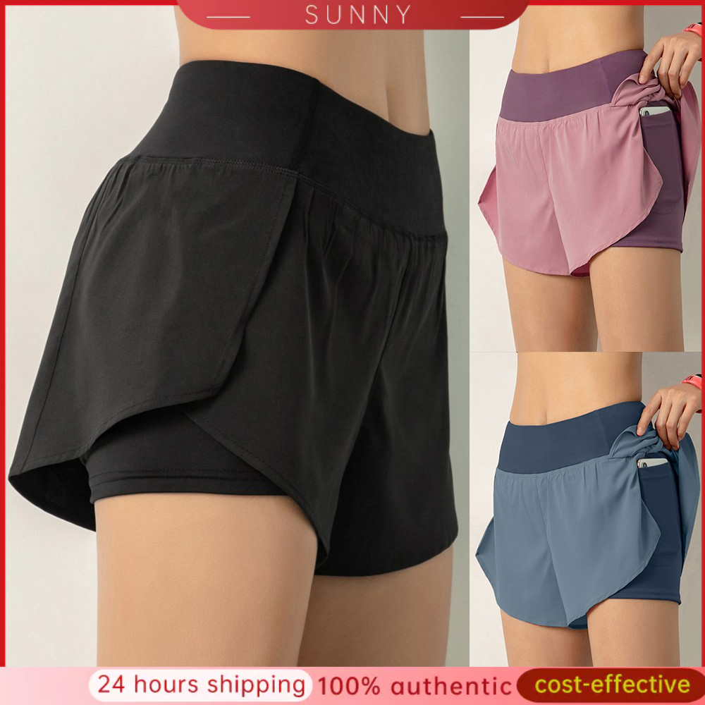 Women Running Shorts 2-in-1 with Pocket Wide Waistband Coverage Layer  Compression Liner Lounging Sport Yoga Leggings Fitness Workout Athletic Gym  Home