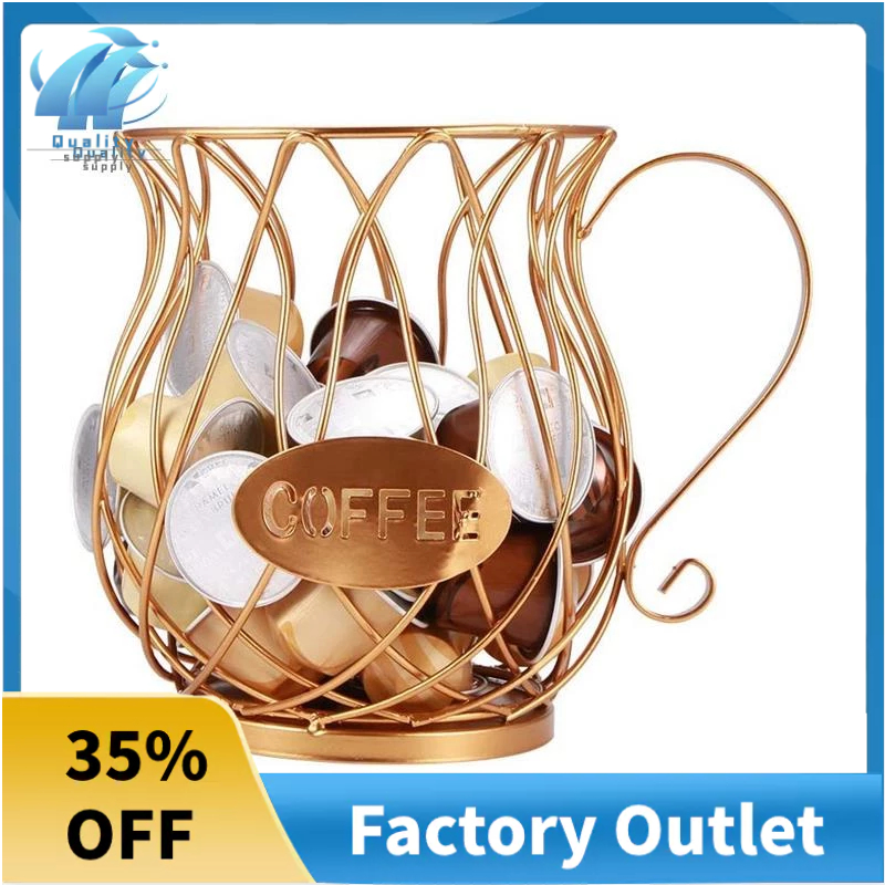 Brass Tone Plated Metal And Brown Mango Wood Coffee Pod Holder Stand, Tabletop Café Bar Coffee Capsule Storage Rack