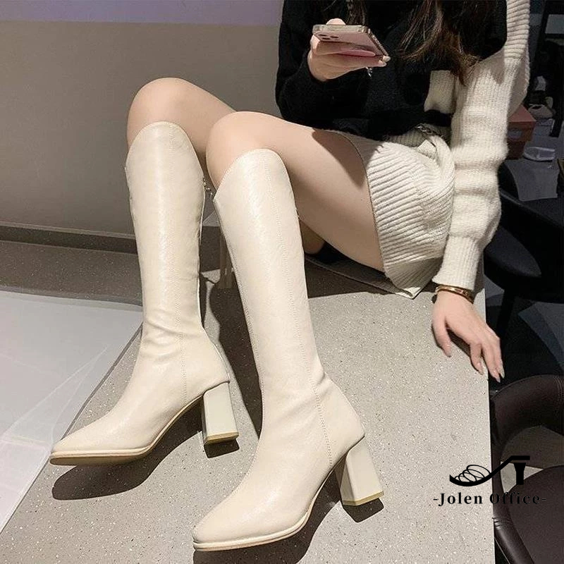 Jolen White Knee-high Boots 3.7 inch heel 2024 High Heeled Boots ...