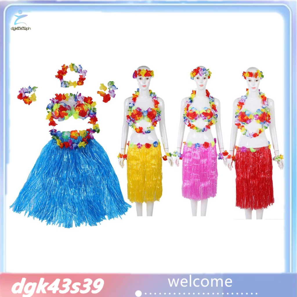 6 Set Hawaiian Grass Skirt Flower Hula Lei Wristband Garland Fancy Dress Costume Shopee